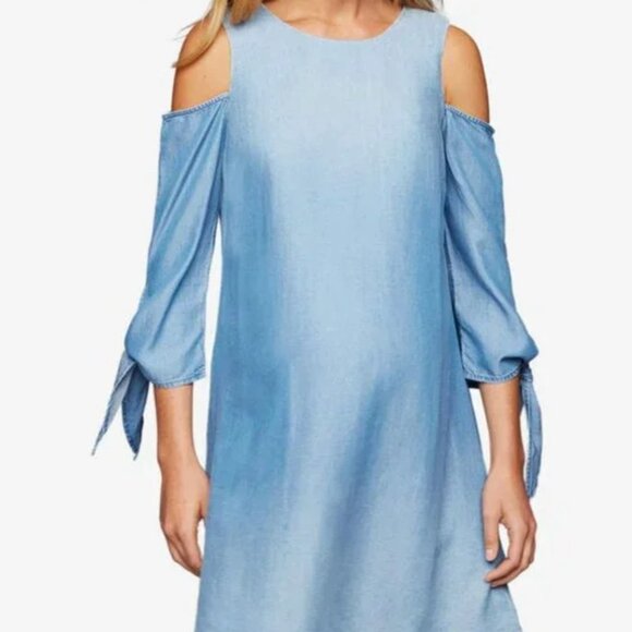 Maternity Dress- Denim Cold Shoulder Dress - Size Medium - Picture 1 of 10
